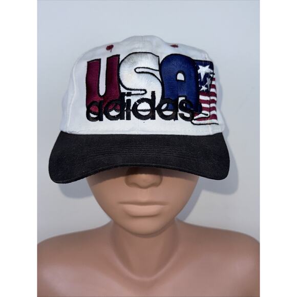 Vintage Adidas USA Flag Logo Embroidered Snapback Hat Adjustable White - Picture 1 of 8